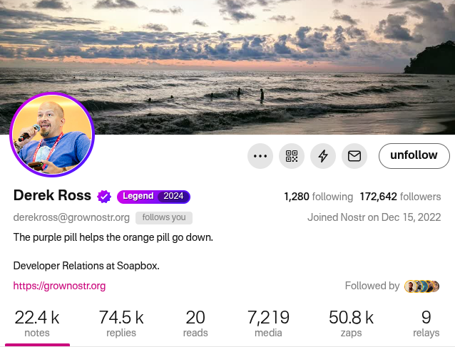 Derek Ross follower count on Nostr