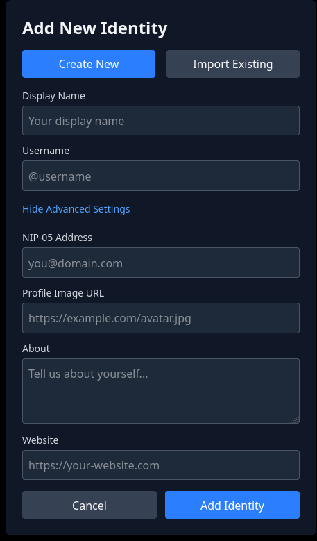 Advanced identity settings showing NIP-05, profile image, about, and website fields