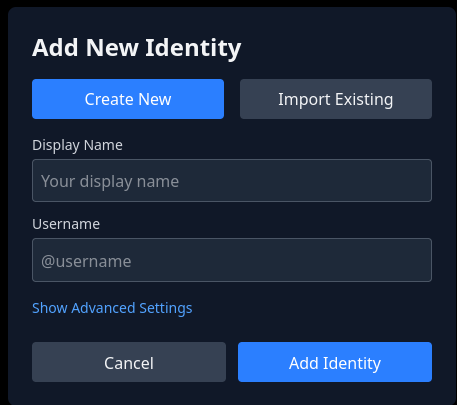 Add New Identity dialog with Create New and Import Existing options