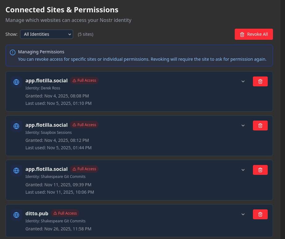 Connected Sites and Permissions page showing website access management