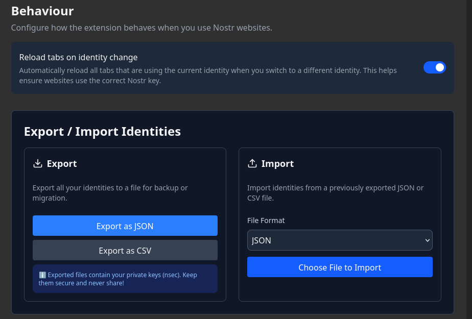 Export and Import Identities section with JSON and CSV export options