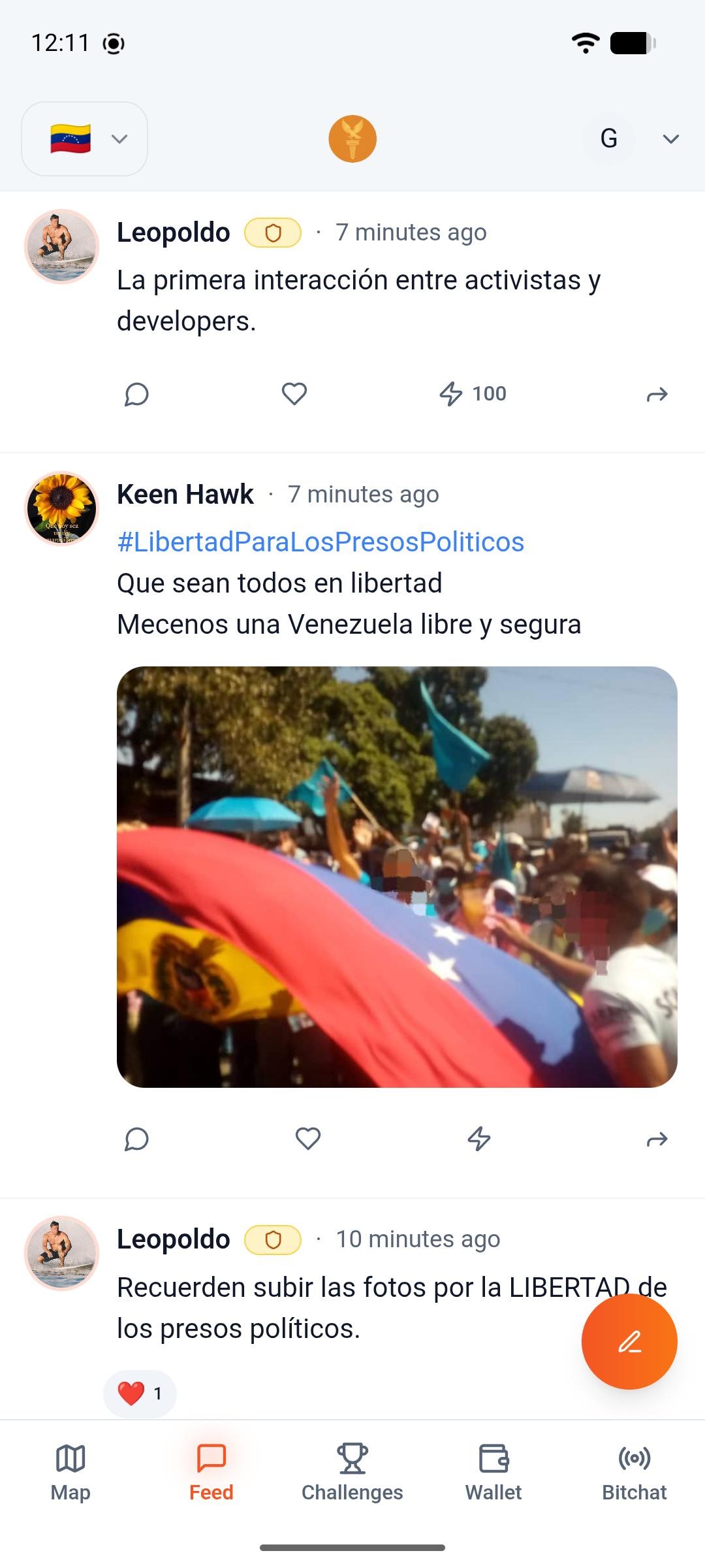 Agora app showing the Feed tab with posts from Venezuelan activists