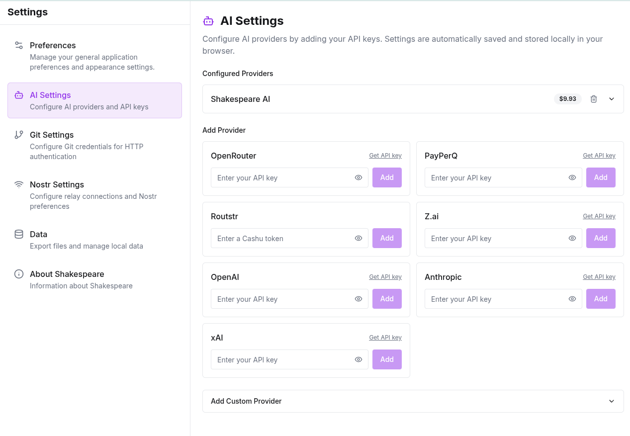 Shakespeare AI Settings Interface