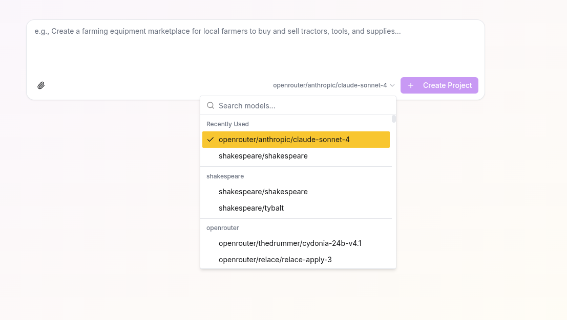 Choose AI Model Dropdown in Shakespeare