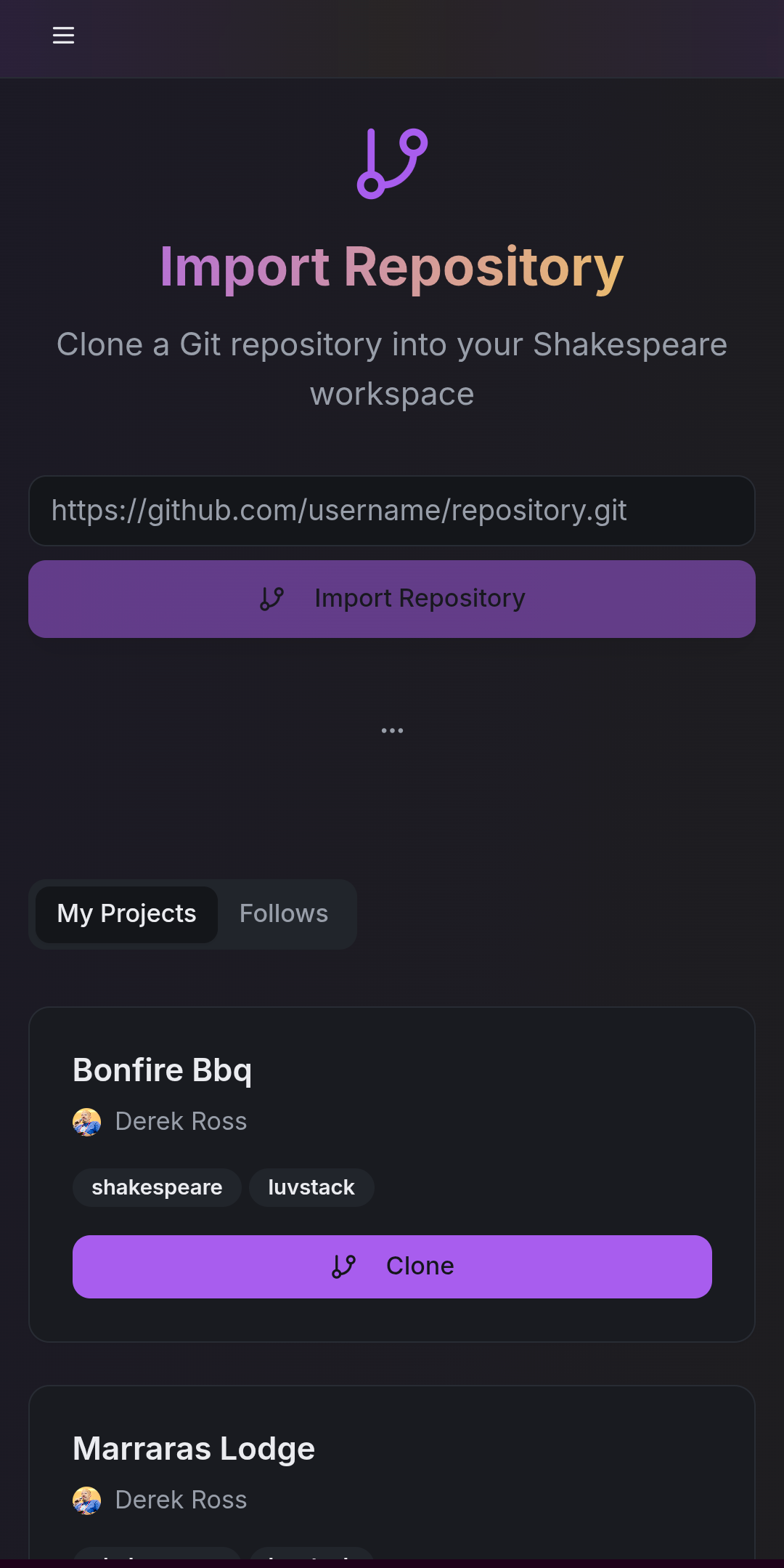 Import Repository page showing projects list