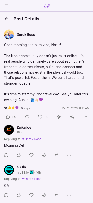Derek Ross's post on Ditto with 18 reactions, 5 zaps, and a lightning bolt zap button in the action bar