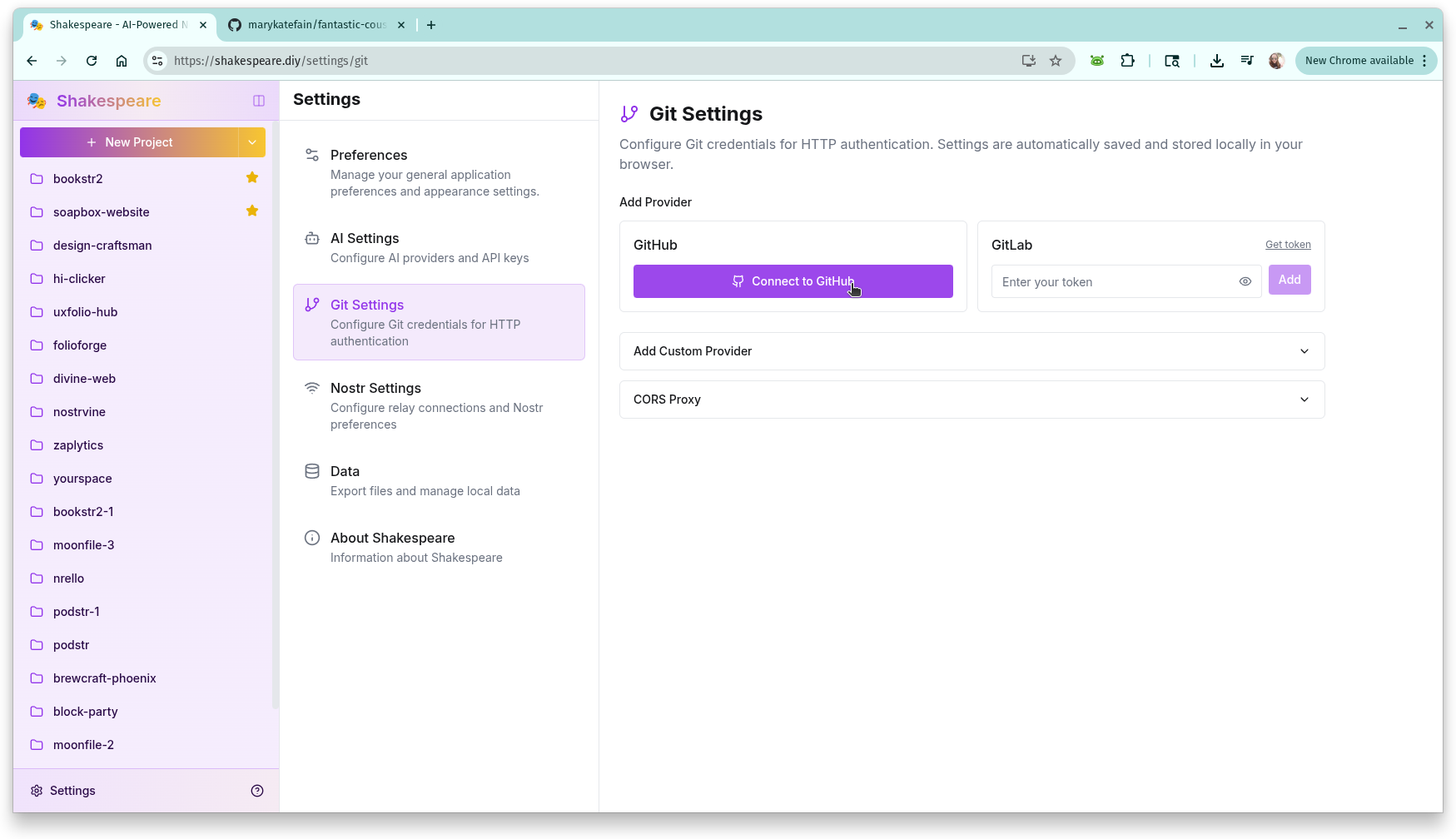 Shakespeare settings page showing GitHub connection option