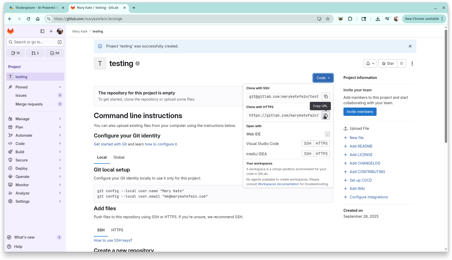 GitLab repository page showing how to copy the HTTPS clone URL