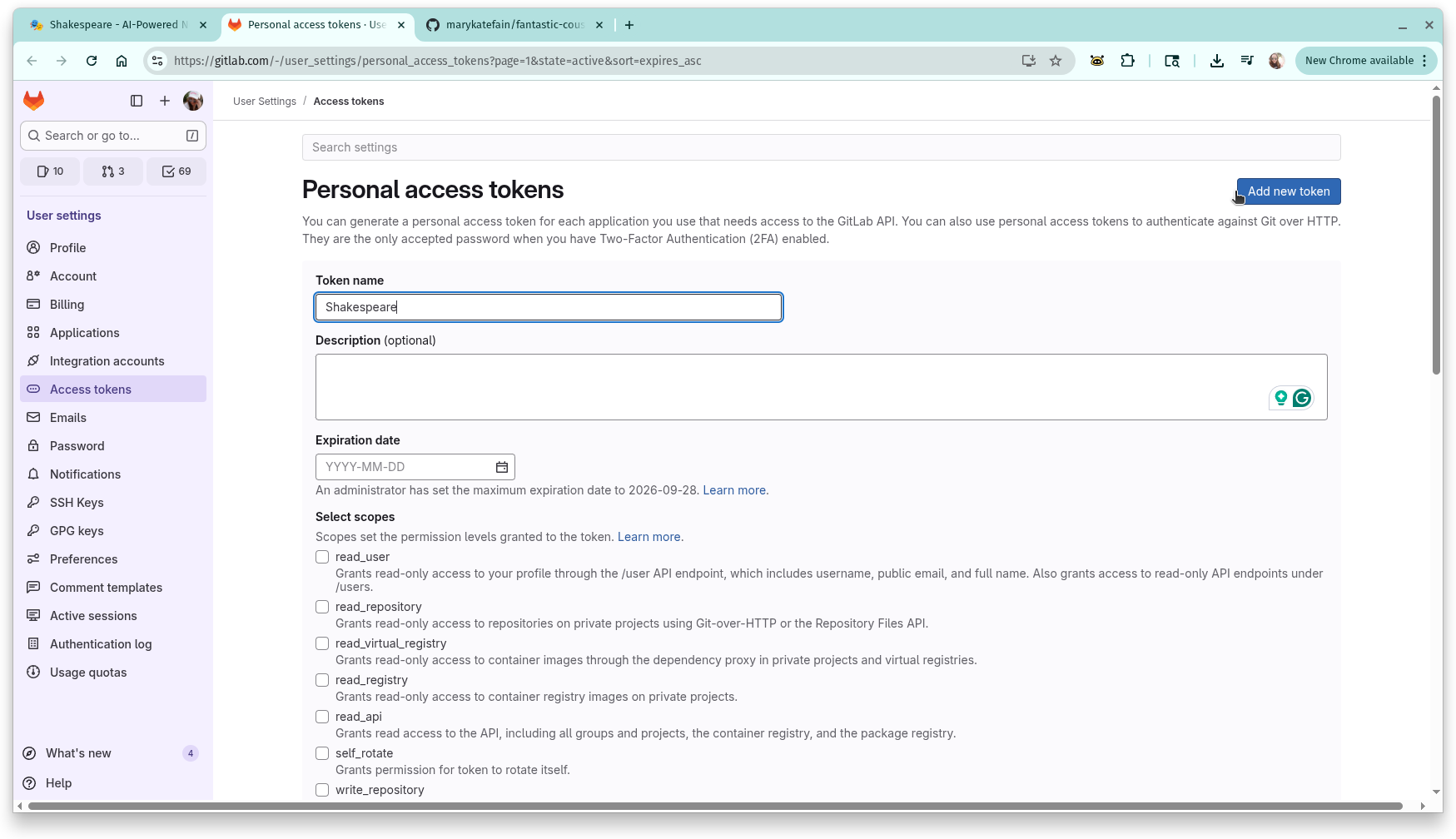 GitLab personal access token creation page showing required scopes