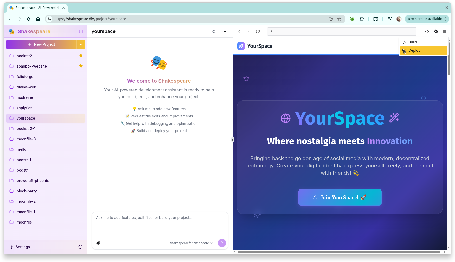 Deploy button in project preview pane menu