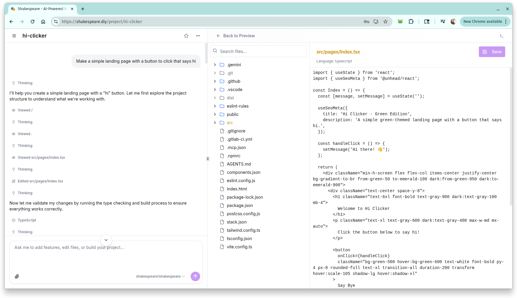Shakespeare code editor interface showing the code icon and editor view