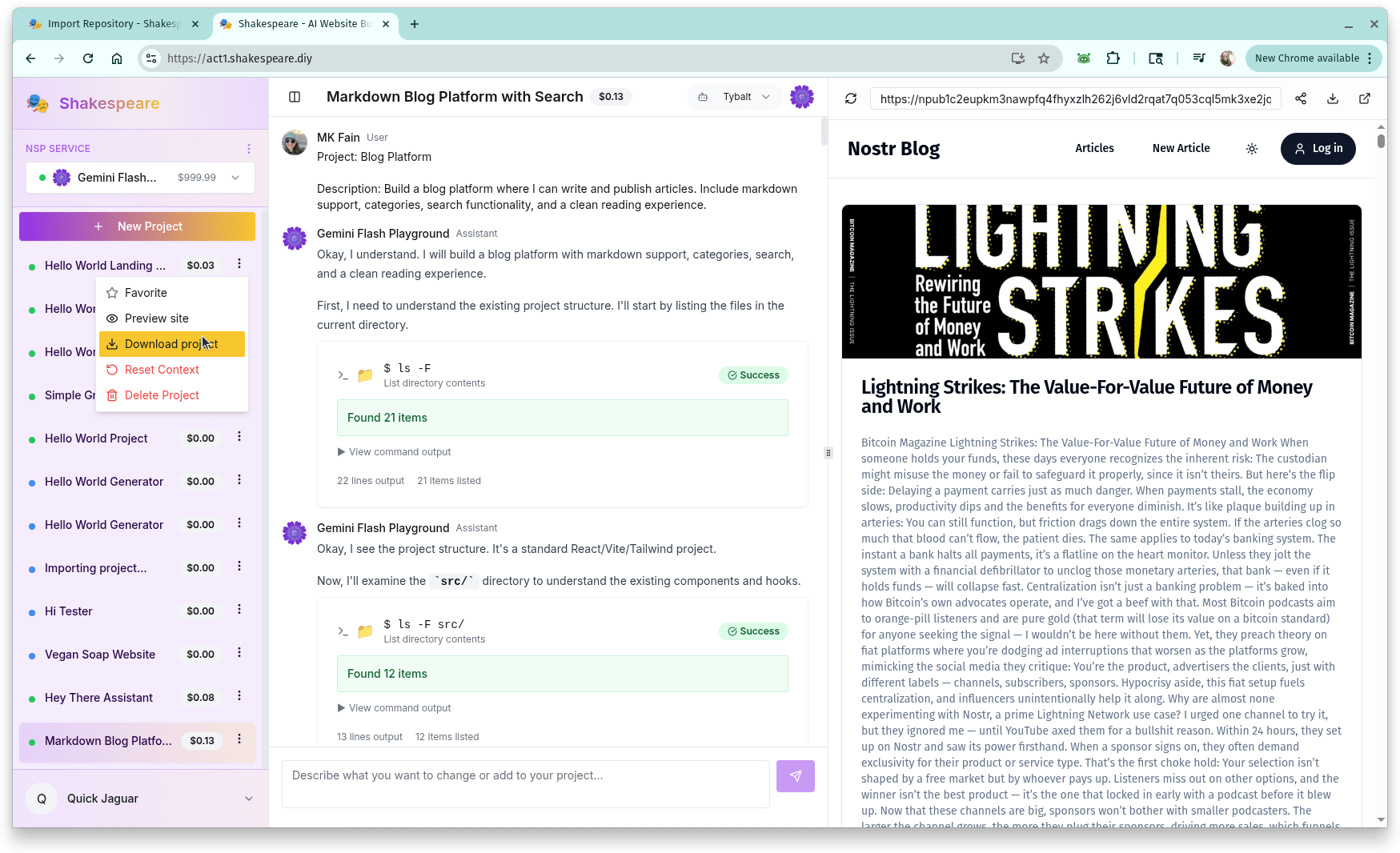 Export from Act 1 interface showing project export options
