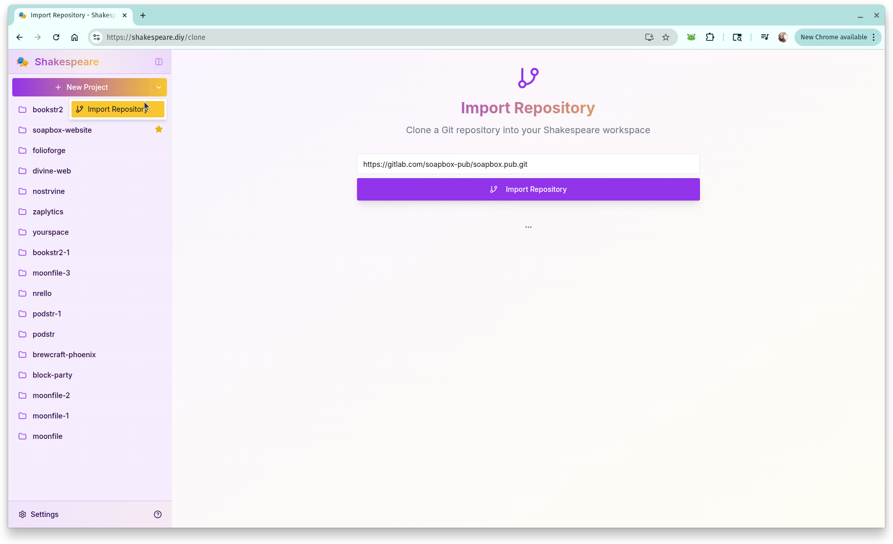 Import from Git interface showing repository URL input field