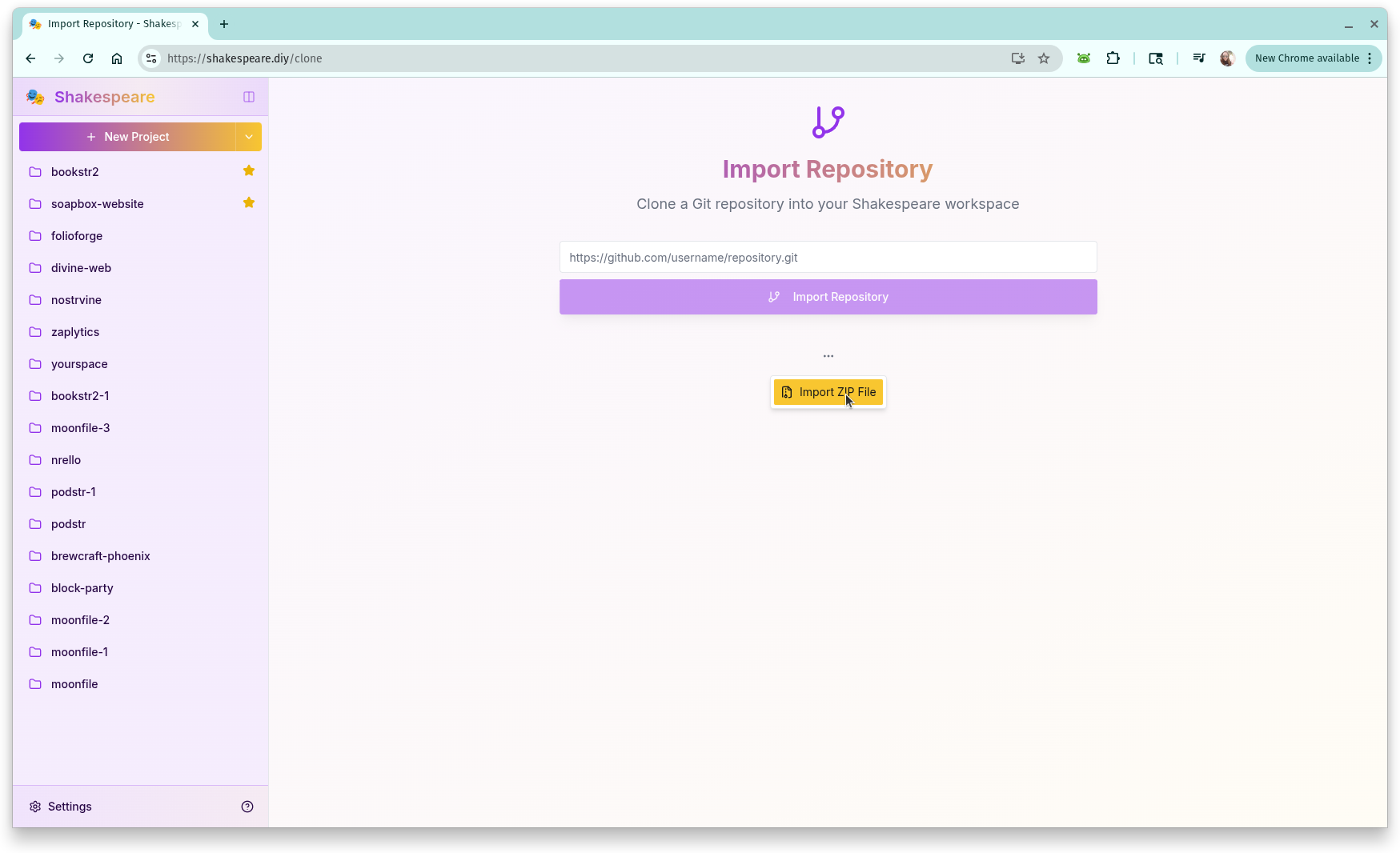Import from zip interface showing three dots menu with import zip file option