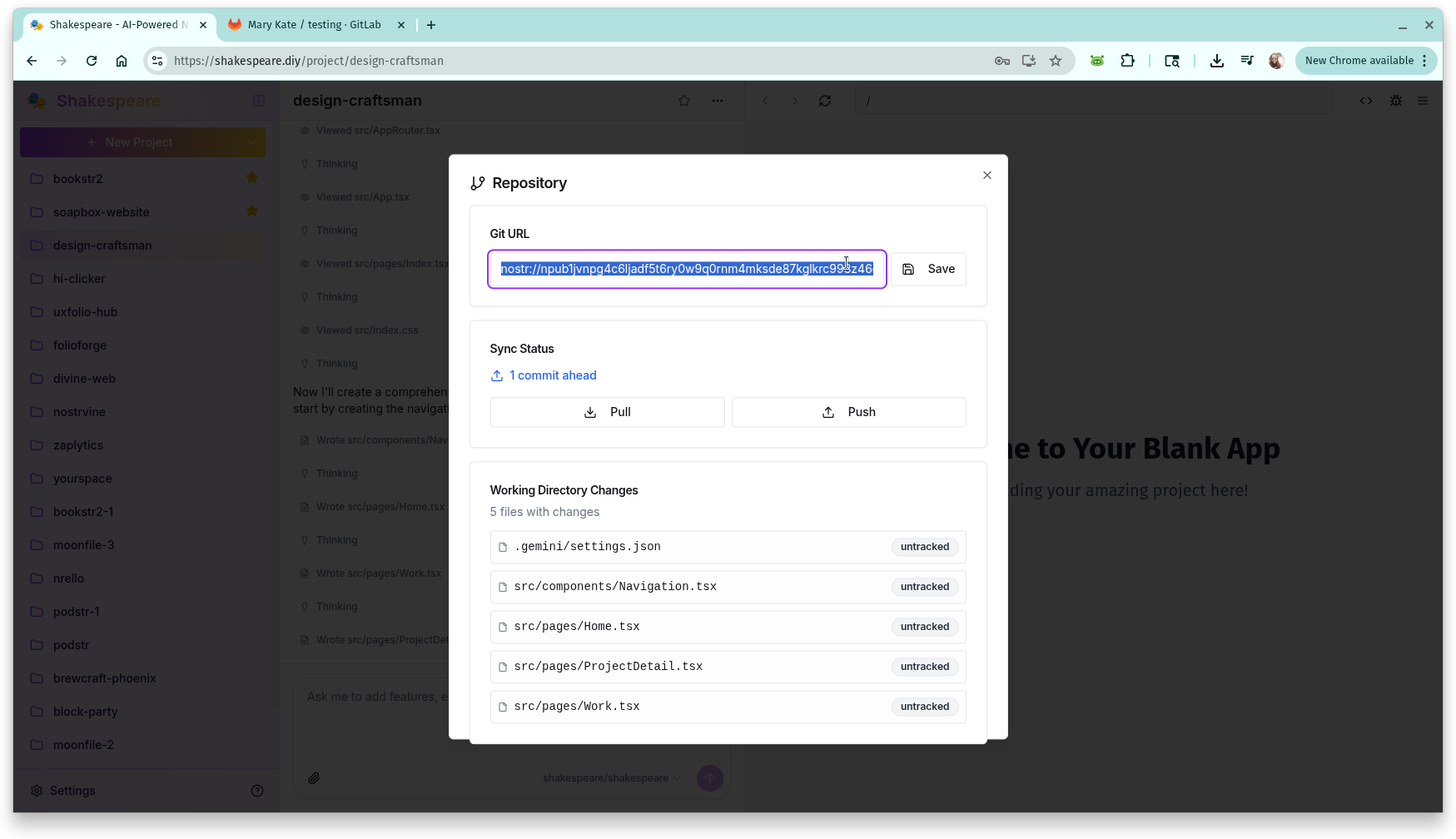 Shakespeare showing generated Nostr Git URL for sharing projects