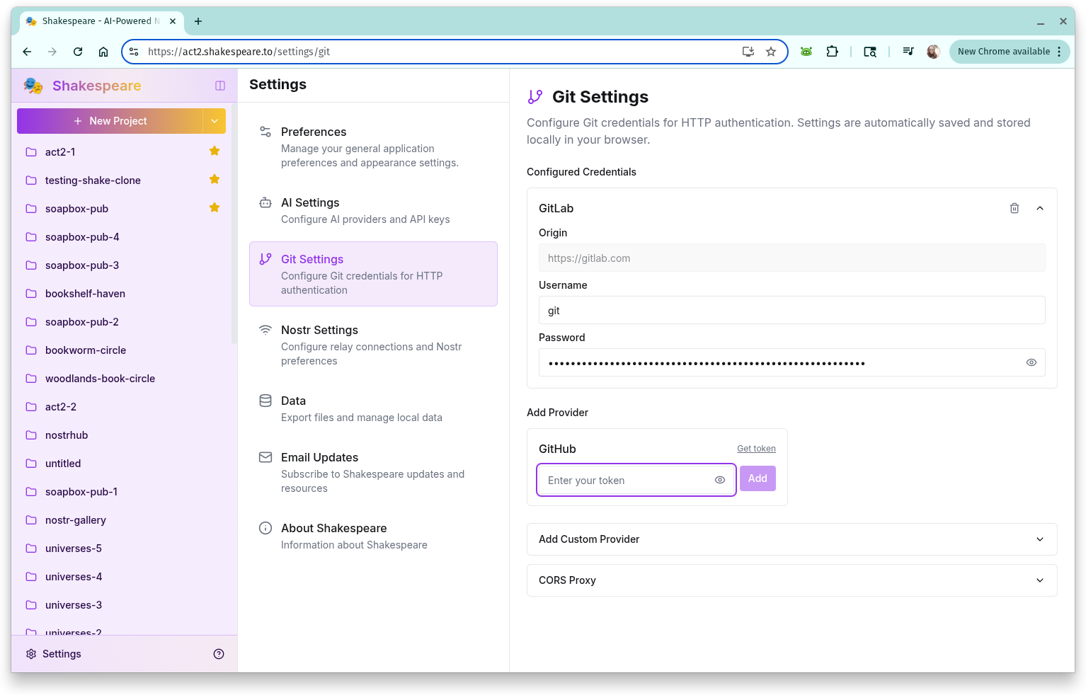 Git integration interface showing GitHub and GitLab connections